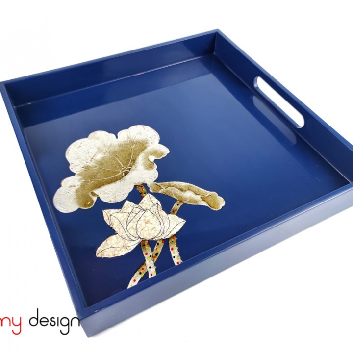 Blue square lacquer tray hand-painted with lotus 30 cm